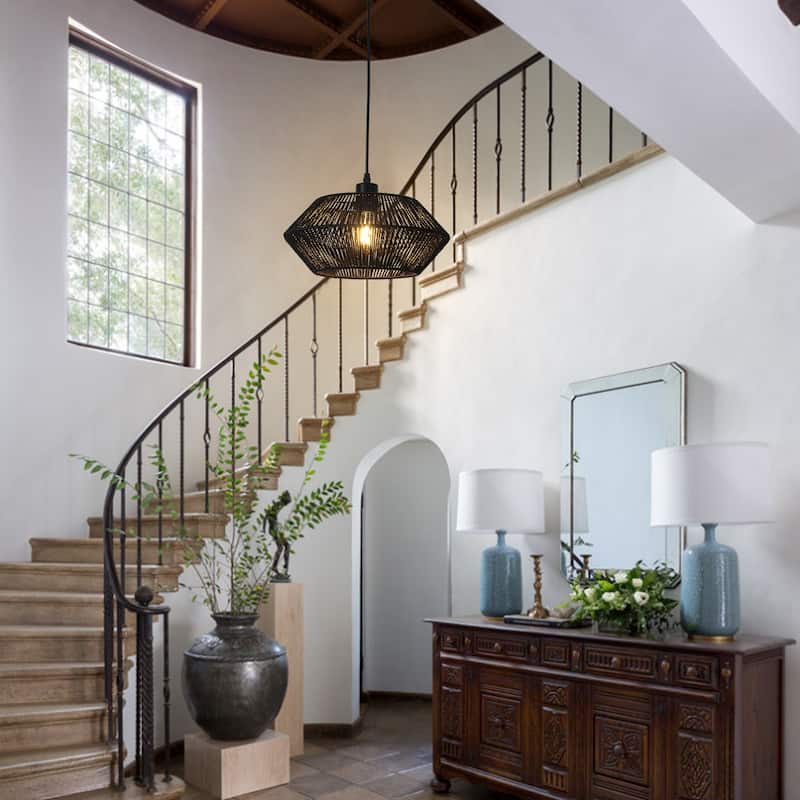 1-Light Modern Semi Flush Mount Chandelier, Handmade Rattan Hanging Pendant Light for Kitchen Island - W12.59"x H5.7"