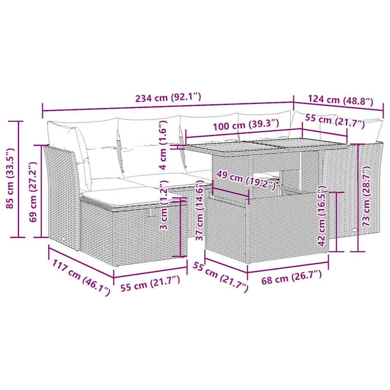 vidaXL Patio Sofa Set with Cushions Outdoor Furniture 6 Piece Poly Rattan - 21.7 x 24.4 x 27.2
