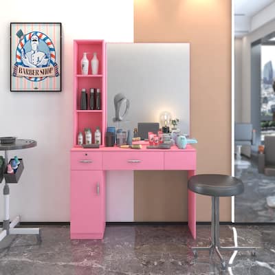 Salon Vanity with Mirror, Barber Styling Station for Beauty Spa, 3-Shelves, 2-Drawers, & Cabinet for Professional Use, Pink