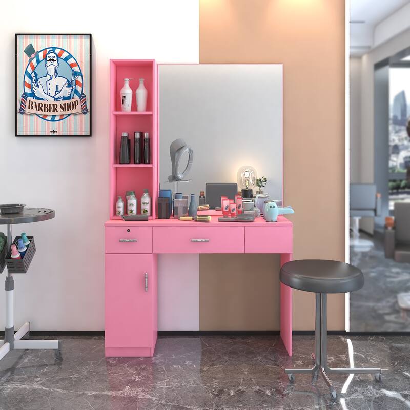 With concise design,Salon Station Barber Stations Styling Station Barber Beauty Spa Salon Equipment Set with Mirror - Pink