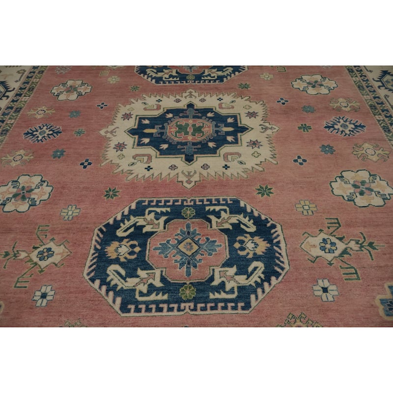 Hand Knotted Oriental 100% Wool Carpet Traditional Geometric Pink Kazak Area Rug - 11' 10'' X 9' 0''