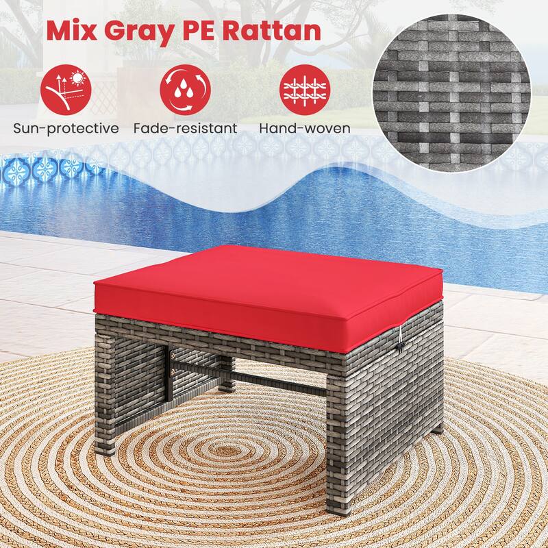 Gymax 2 Pieces Patio PE Rattan Ottomans with Soft Zippered Cushions
