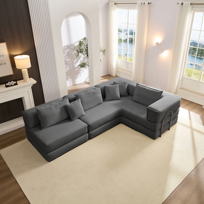 DIY Modular Corduroy L-Shaped Floor Sofa Set with 6 Pillows - Dark Grey