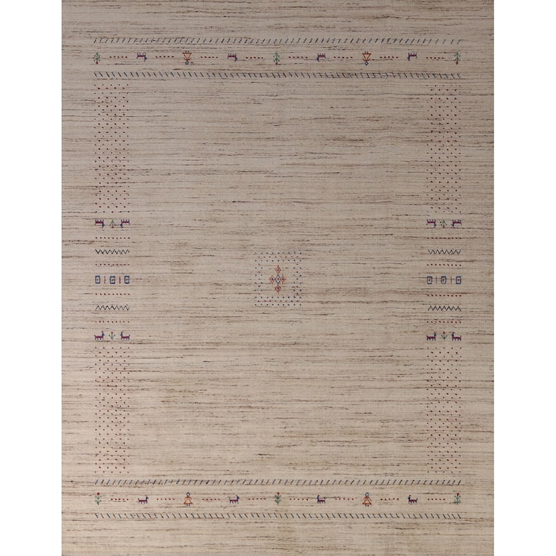 Tribal Gabbeh Indian Area Rug Hand-Knotted Oriental Beige Wool Carpet - 8'2" x 9'9"