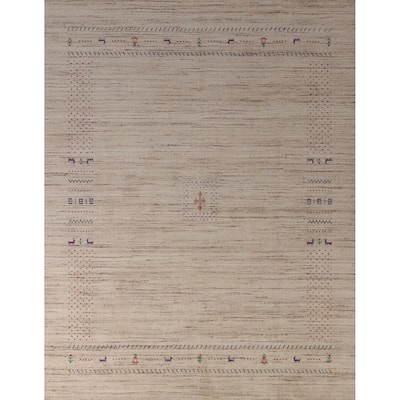 Tribal Gabbeh Indian Area Rug Hand-Knotted Oriental Beige Wool Carpet - 8'2" x 9'9"