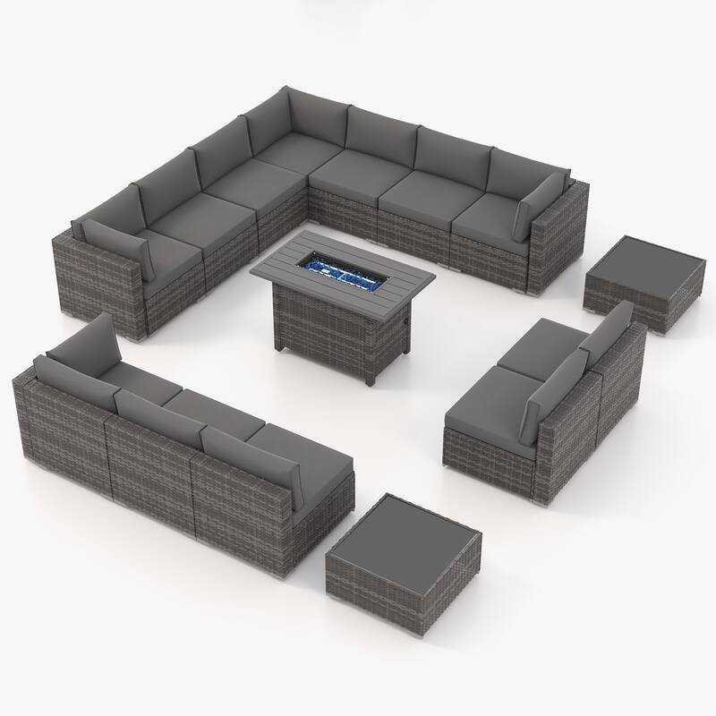 15 Piece Wicker Set Patio Sofa Furniture with Fire Pit And Table