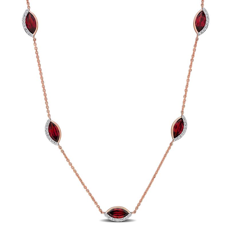 Miadora 3 3/8ct TGW Garnet and 1/4ct TW Diamond Station Necklace in 14k Rose Gold