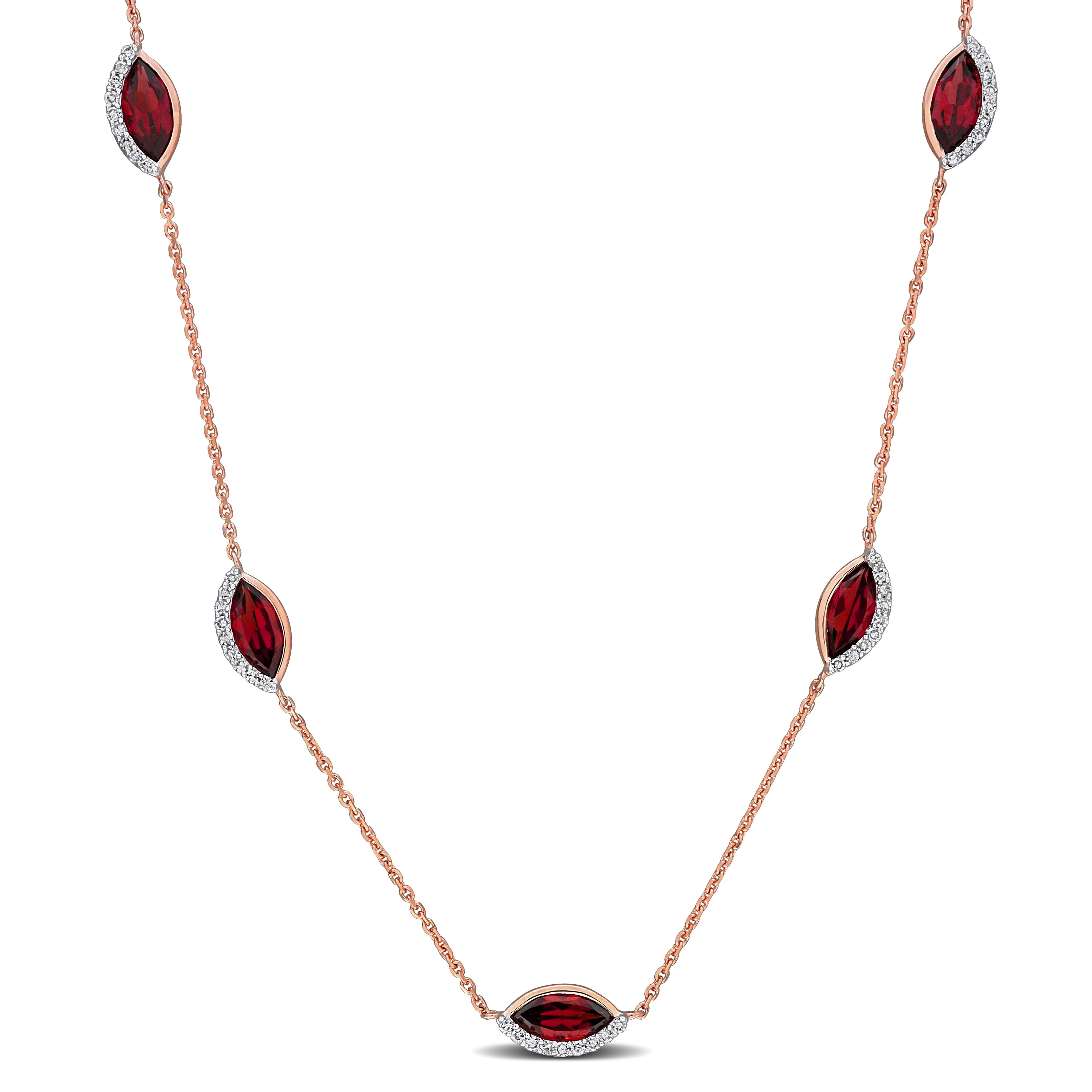 Miadora 3 3/8ct TGW Garnet and 1/4ct TW Diamond Station Necklace in 14k Rose Gold
