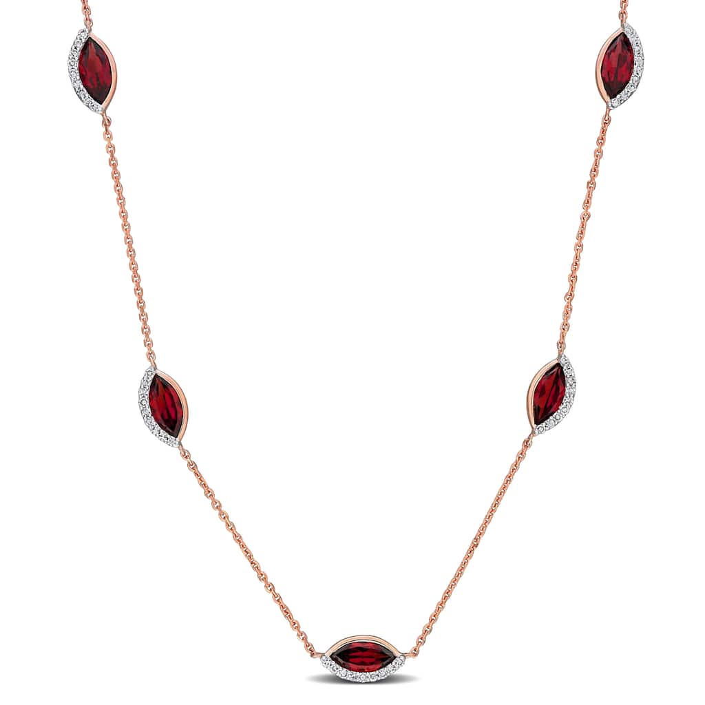 Miadora 3 3/8ct TGW Garnet and 1/4ct TW Diamond Station Necklace in 14k Rose Gold
