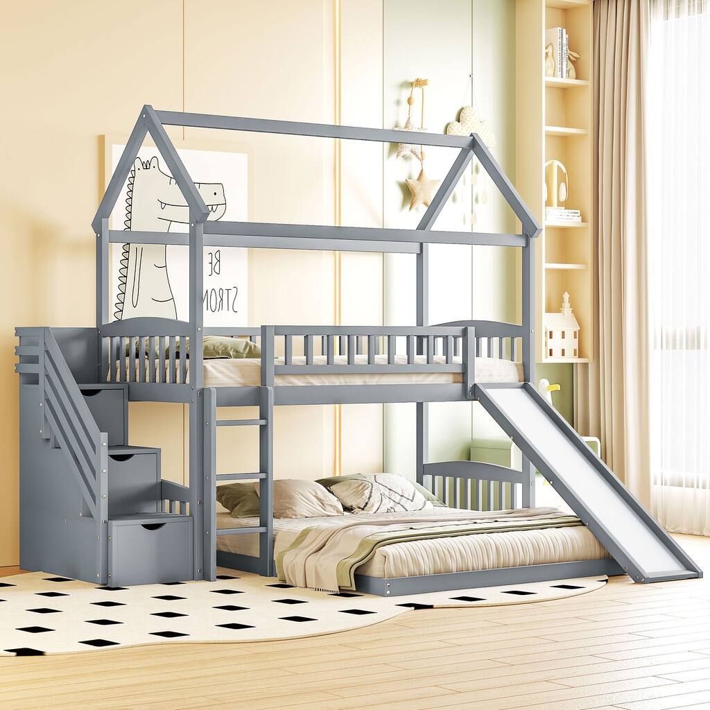 Twin Over Full Bunk Bed with Slide, House Bed with Slide, Gray