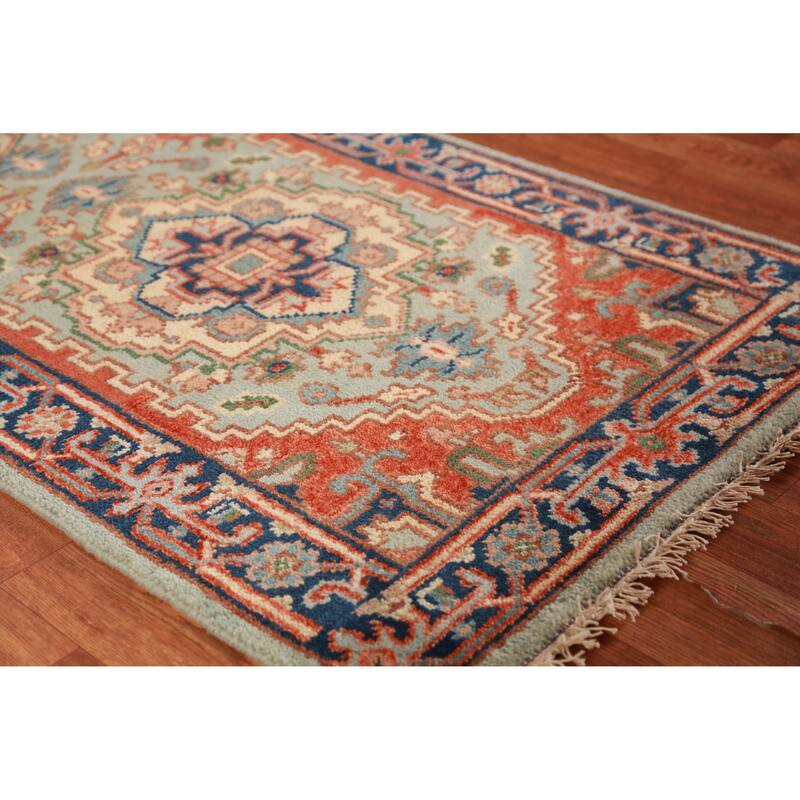Light Green Heriz Serapi Oriental Runner Rug Handmade Wool Carpet - 2'6" x 7'10" - 2'6" x 7'10" - Green