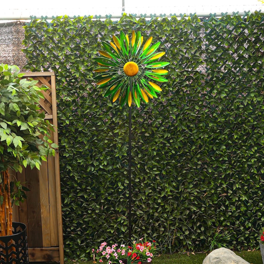 Yellow/Green Metal Flower Wind Spinner Garden Stake