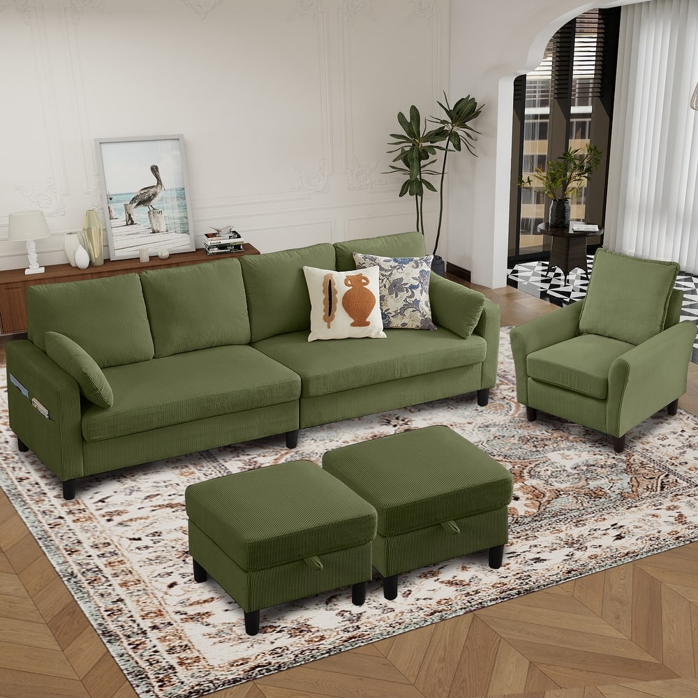 101"Corduroy 3 Piece Living Room Set Including 4 Seater Sofa ,2 Storage Ottoman and Chair