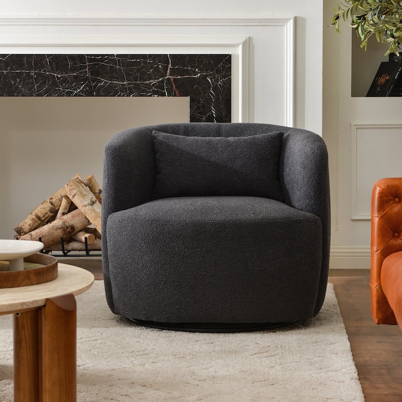 KINWELL 34" Sherpa Swivel Accent Chair Boucle Upholstered Armchair - Dark Gray