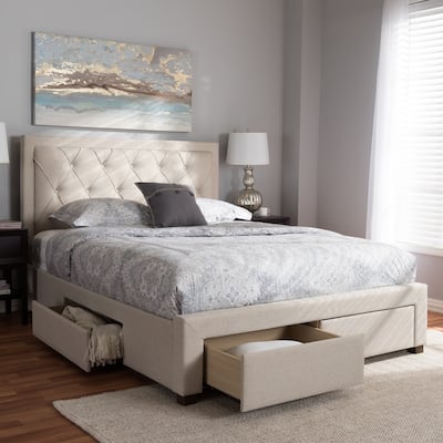 Modern Fabric Storage Bed - Beige Upholstered Platform Bed Frame - Low Profile Bed for Bedrooms
