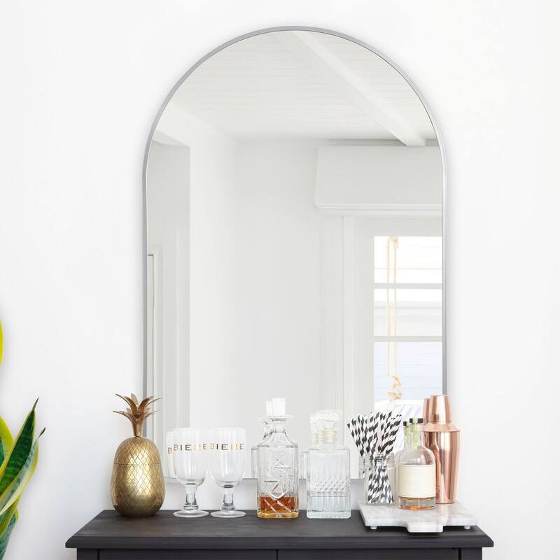 Modern Thin Frame Wall-Mounted Hanging Bathroom Vanity Mirror - 36x24-arch-round corner - Silver-round corner