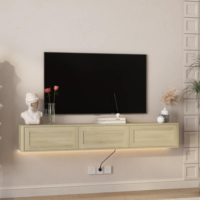 Floating 68" Wall Mounted TV Stand for TVs up to 75", Media Console Table with LED Lights and Power Outlet