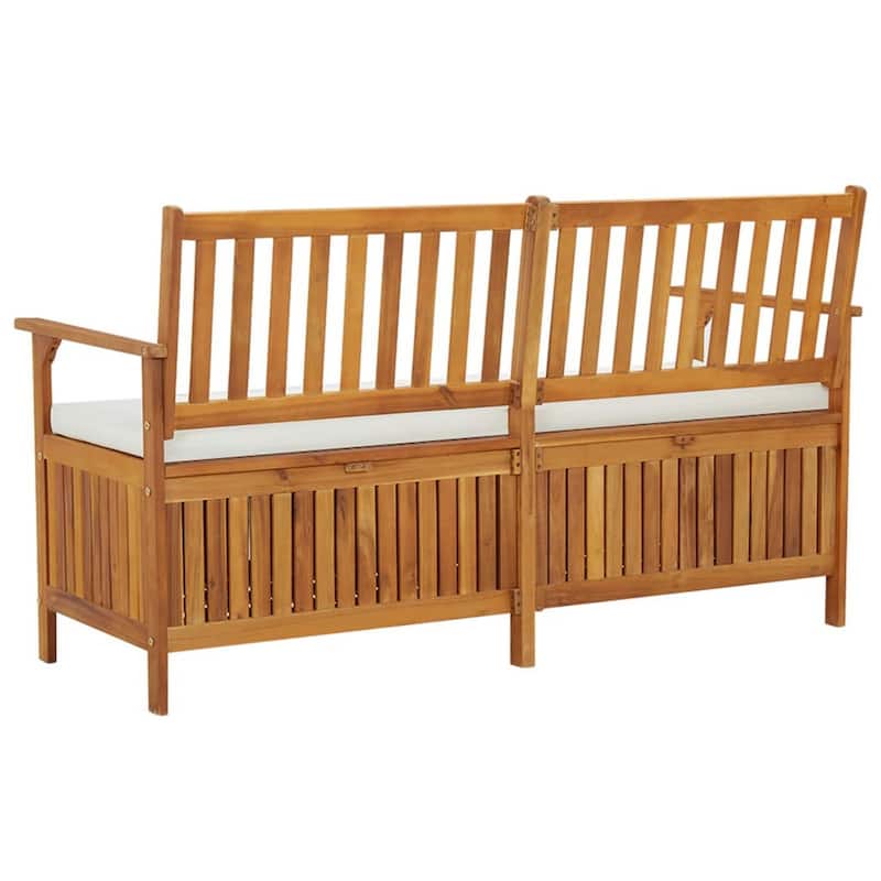 Outdoor Storage Bench, 58 Inch Brown Acacia Wood, Cream White Cushion