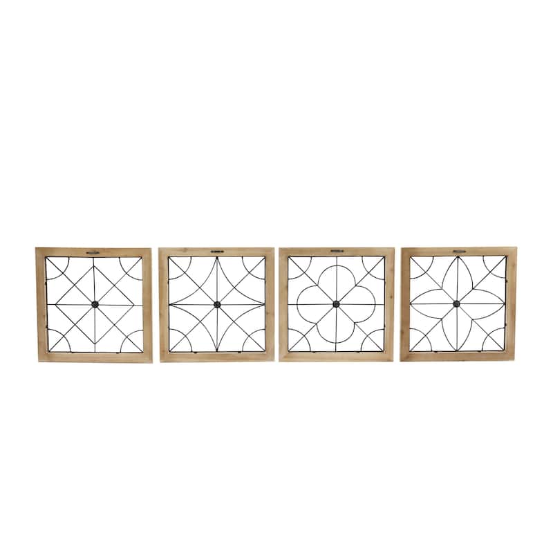 Wood Geometric Carved Beading Home Wall Decor with Metal Wire - Set of 4 Brown - Roche River Decor