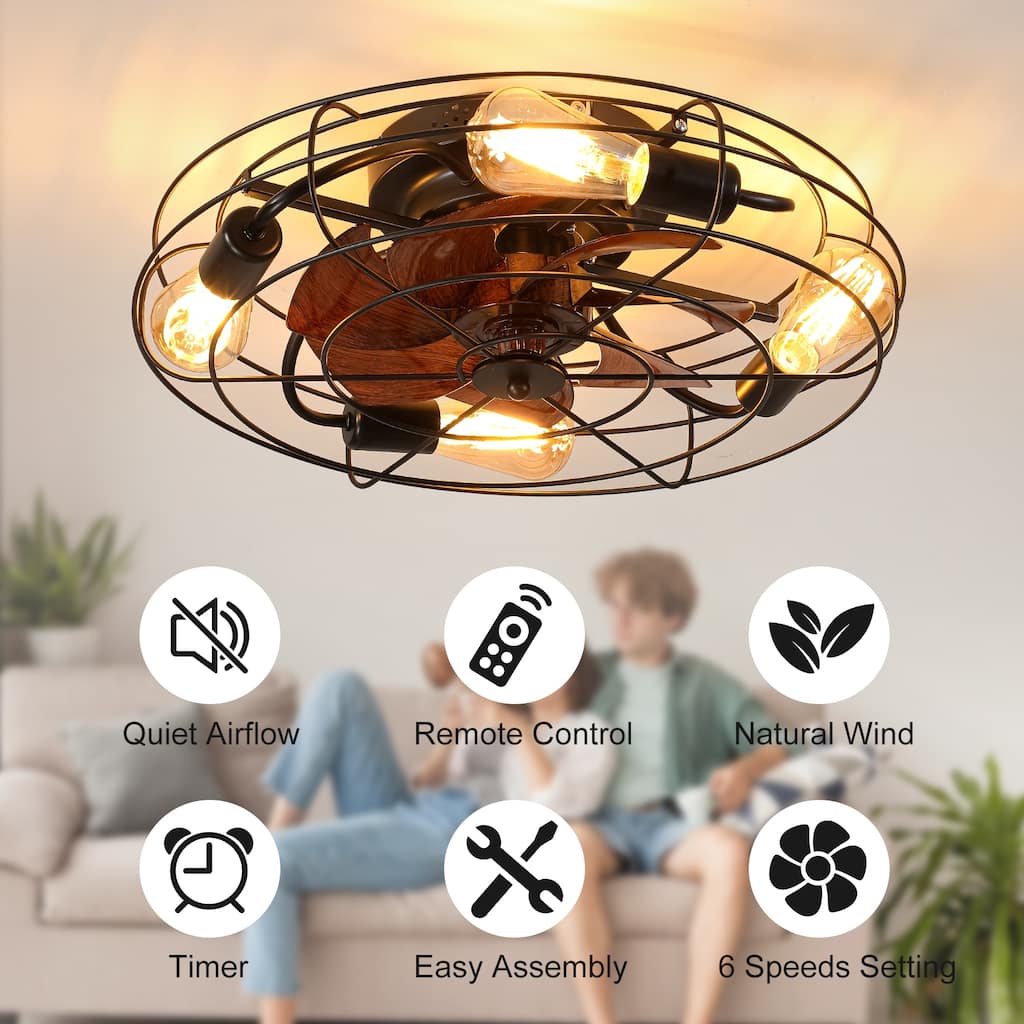 20" Caged Ceiling Fan with Light, Farmhouse Low Profile Ceiling Fan, Quiet Reversible DC Motor Fan 6 Wind Speeds