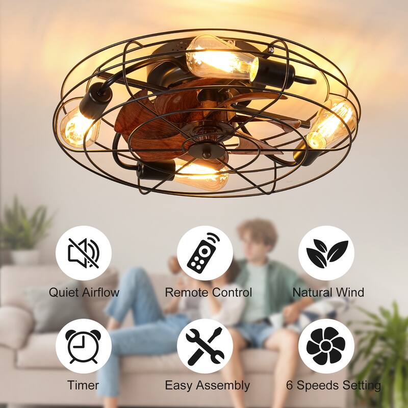 Modern Cage Ceiling Fan Light with Light and Remote Control, 6 Wind Speeds for Bedroom and Living Room