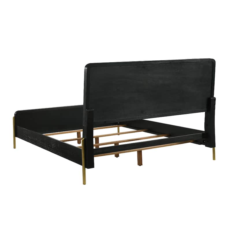 Woven Rattan Panel Bed with Metal Legs in Black and Natural