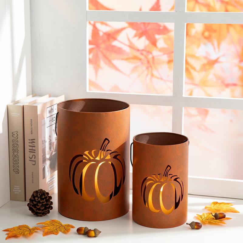 Glitzhome Set of 2 Hollow Out Metal Bucket Lanterns Candle Holder for Fall Halloween Thanksgiving