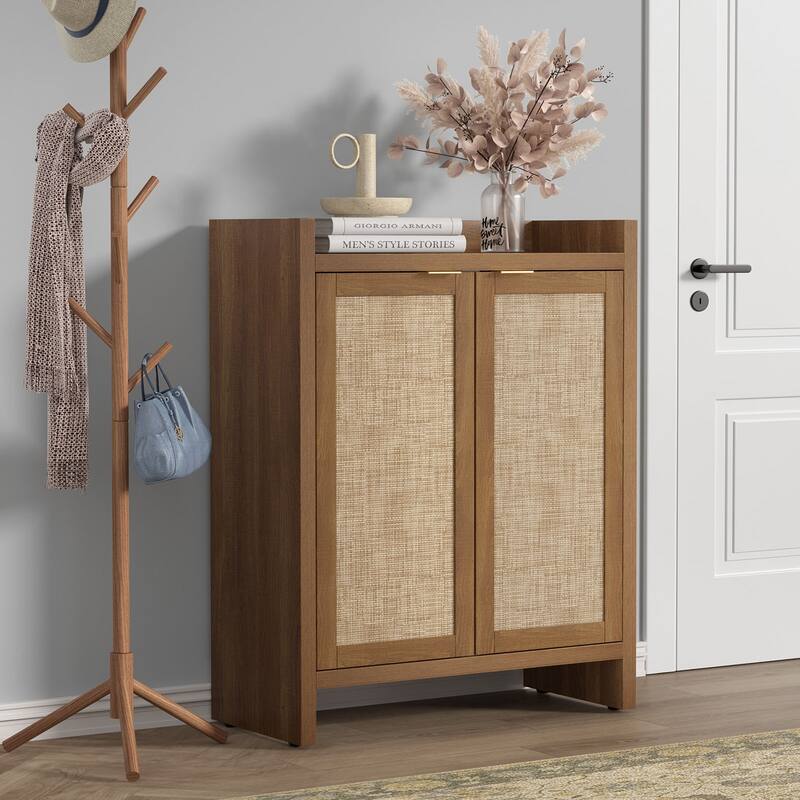 SICOTAS Rattan Shoe Cabinet for Entryway, 6-Tier Shoe Rack with Doors and Adjustable Shelves