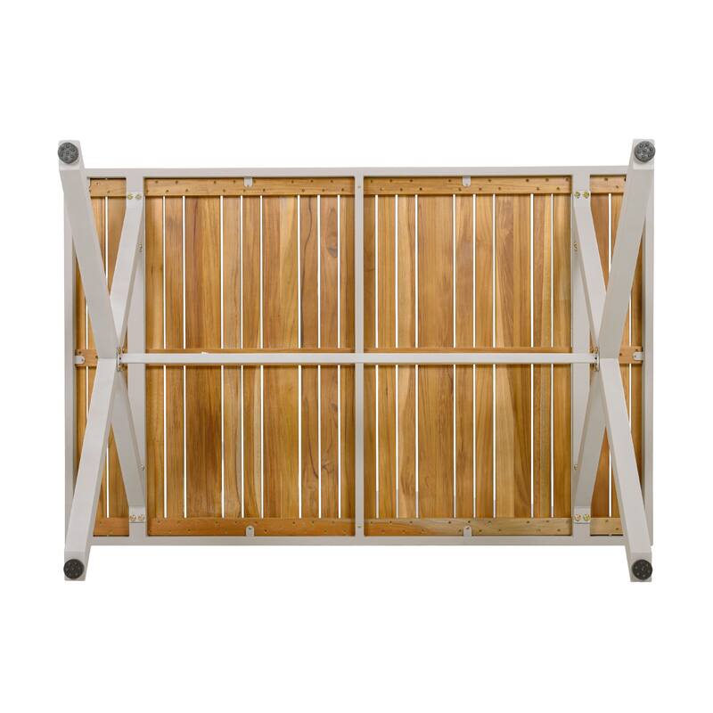 Roomfitters 55.12" Rectangular Outdoor Dining Table with Slatted Teak Wood Top & Beige Steel X-Frame Base for Patio, Teak+ Beige