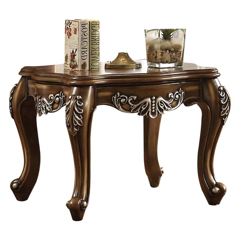 Wooden End Table With Fine Scrolled Work, Antique Oak Brown