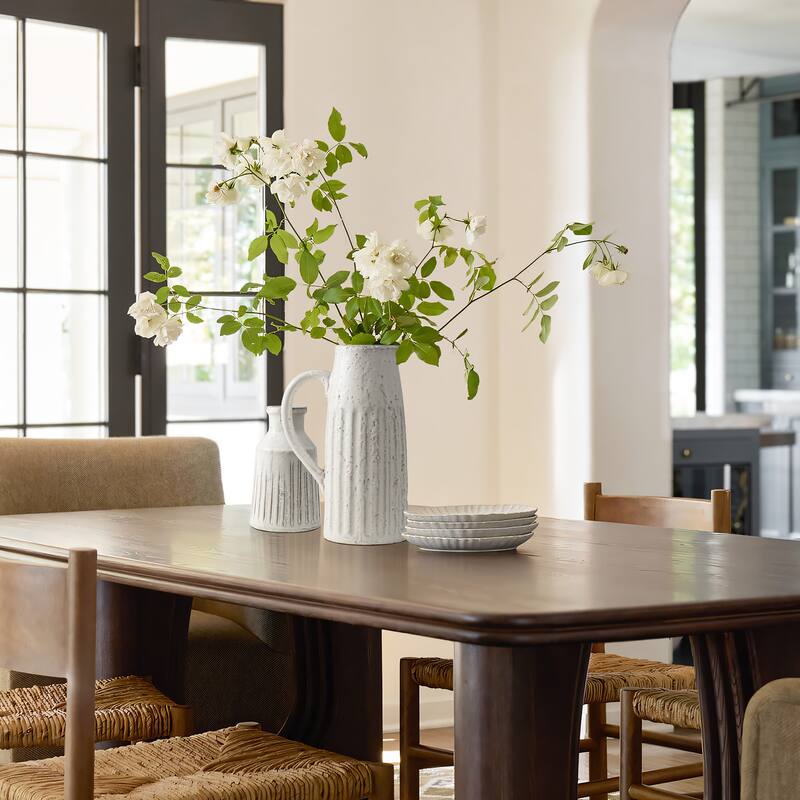 2-Piece Vintage White Ribbed Terracotta Pitcher Vase Set