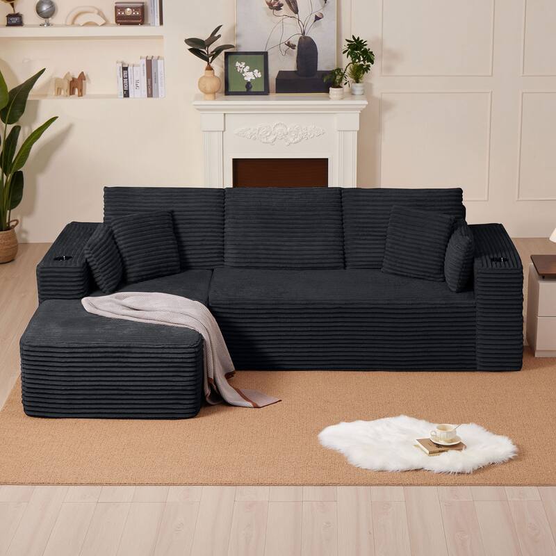 102.76" Corduroy Cloudy L Shaped Sofa with Headrests