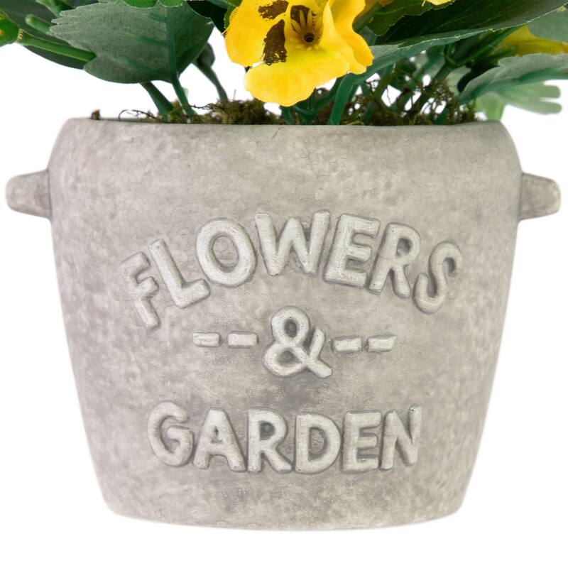 7" Yellow Pansy Artificial Floral Arrangement In "Flowers Garden" Pot
