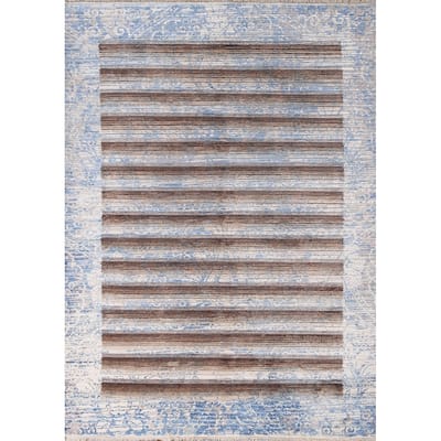 Striped Abstract Modern Accent Rug Hand-Knotted Wool Carpet - 4'1"x 5'10"