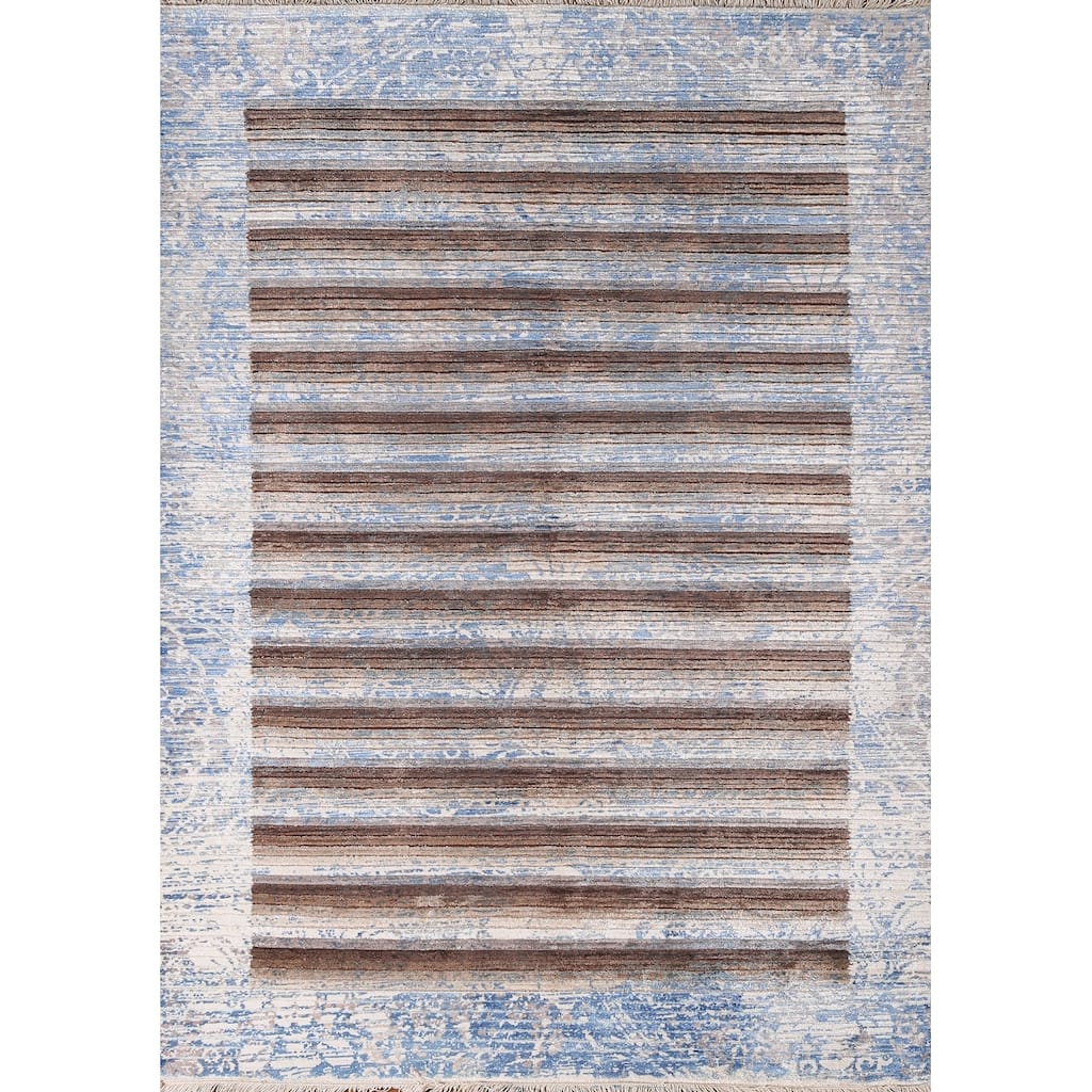 Striped Abstract Modern Accent Rug Hand-Knotted Wool Carpet - 4'1"x 5'10"