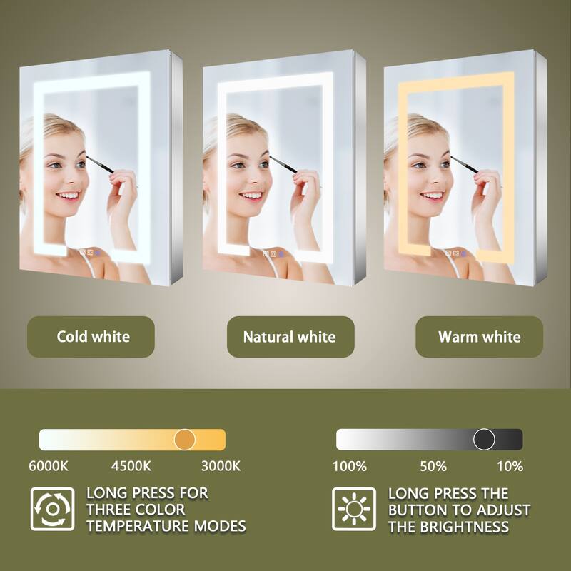ExBrite 20" x 26" LED Lighted Bathroom Medicine Cabinet with Mirror,Recessed or Surface Mount,Defog