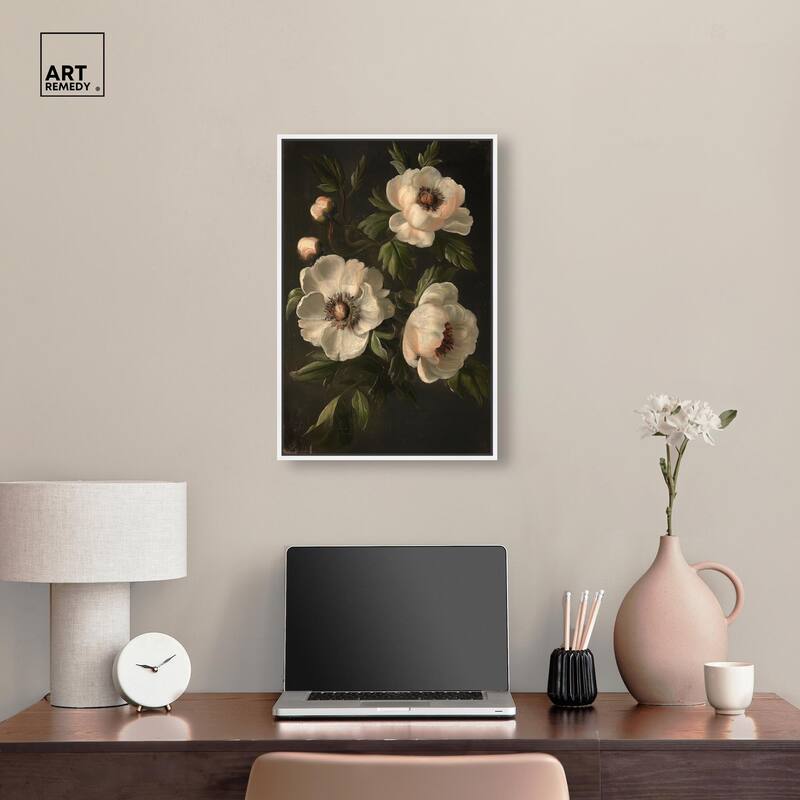 White Peonies in Dark I Canvas by Art Remedy