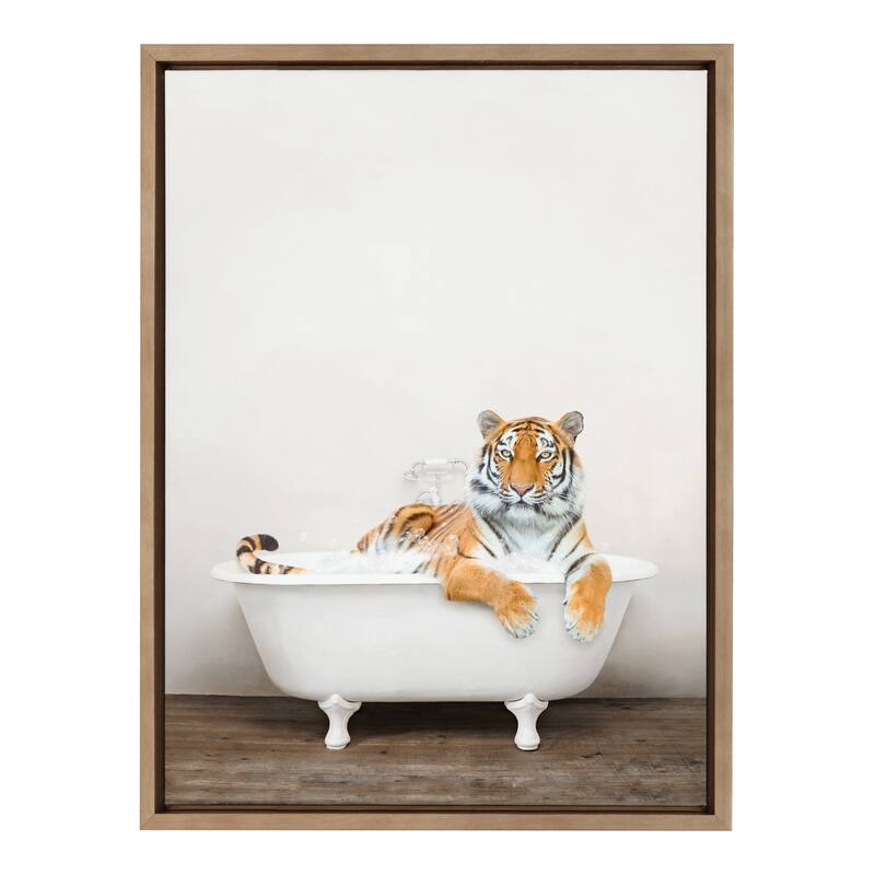 Kate and Laurel Bengal Tiger in Bath Framed Canvas by Amy Peterson