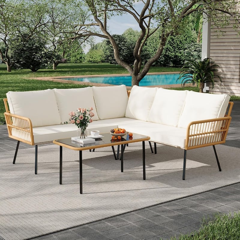 4-Pieces Outdoor Patio Furniture Set, L-Shaped Sectional Sofa