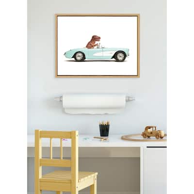 Kate and Laurel Sylvie T Rex Driving 1957 Aqua Chevy Framed Canvas by Saint and Sailor Studios