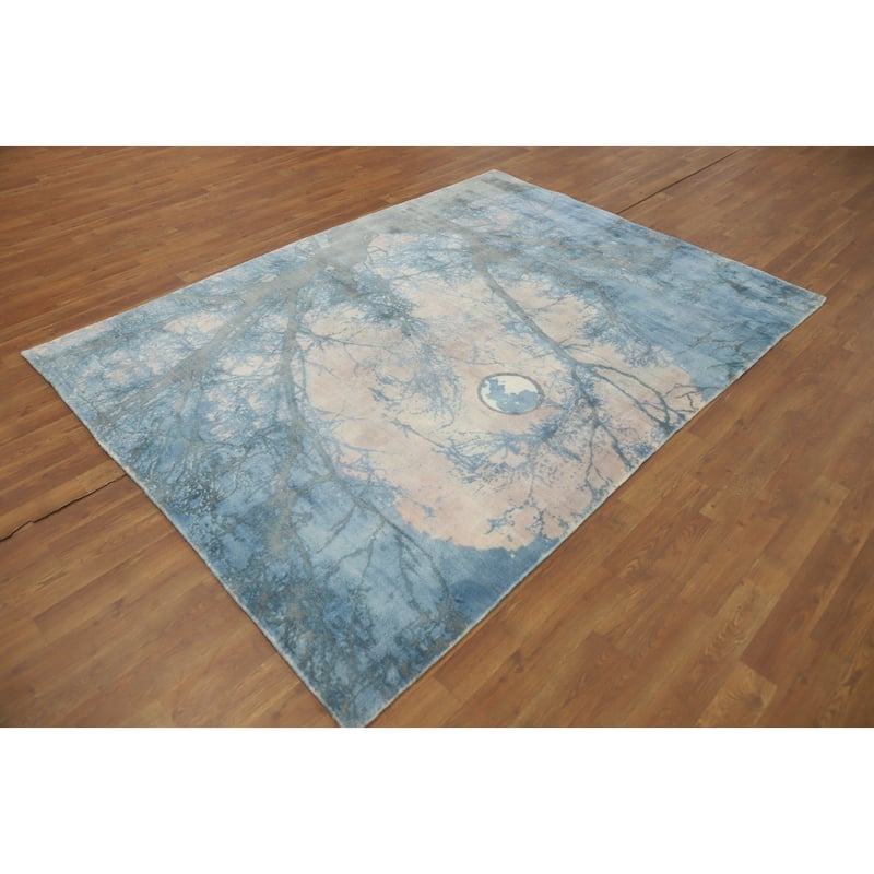 Hand-knotted Modern Silk Blue Abstract Oriental Area Rug - 7' 2'' X 5' 4''