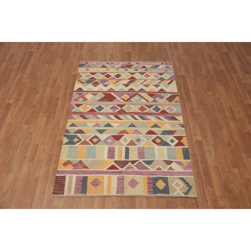 Hand Woven Oriental 100% Wool Carpet Southwestern Modern Multi-Colored Kilim Area Rug - 5' 11'' X 4' 0''
