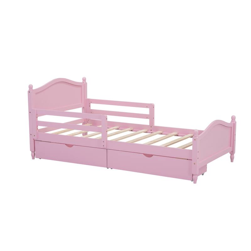 Wood Platform Bed with Guardrails on Both Sides and Two Storage Drawers