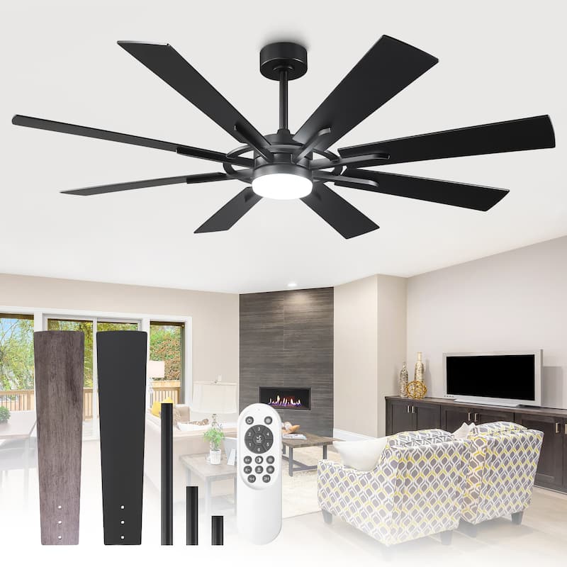 60" Matte Black Large Windmill Farmhouse Integrated LED Ceiling Fan with Light and Remote - 60"Wx12.8"H