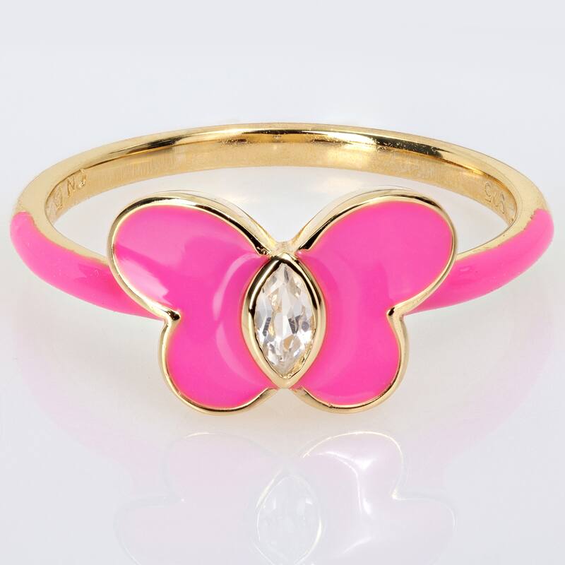 Miadora Created White Sapphire Butterfly Enamel Ring in Yellow Plated Sterling Silver