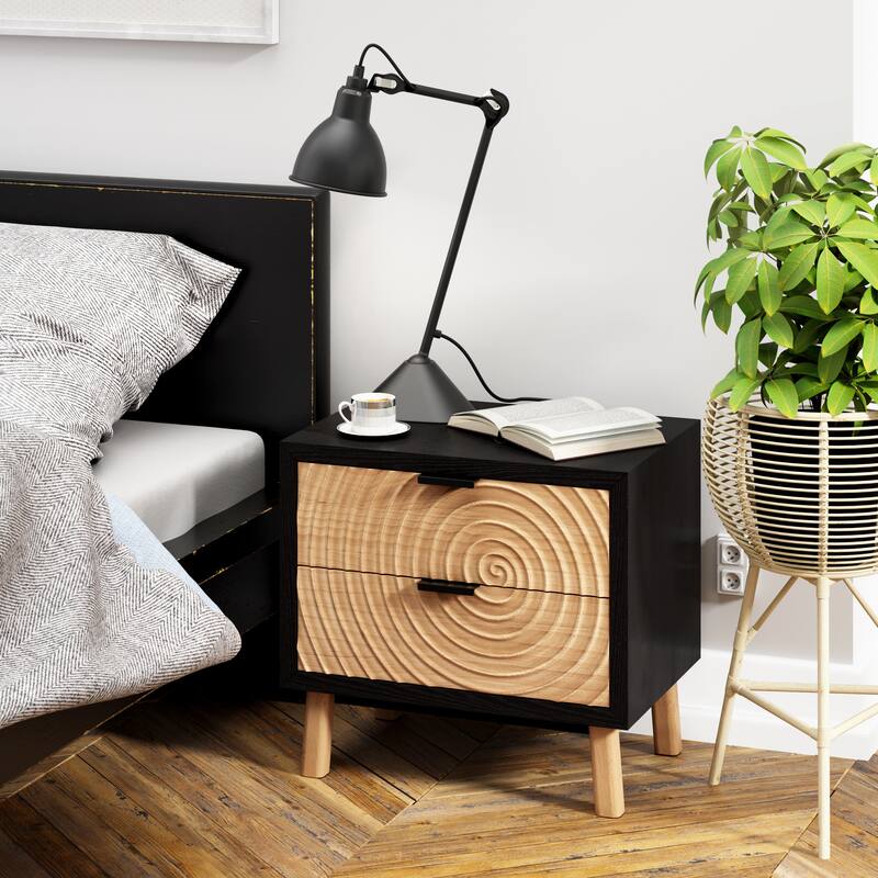 COZAYH Modern Farmhouse Nightstand, Drawer with Handcrafted Wood Ring Motif