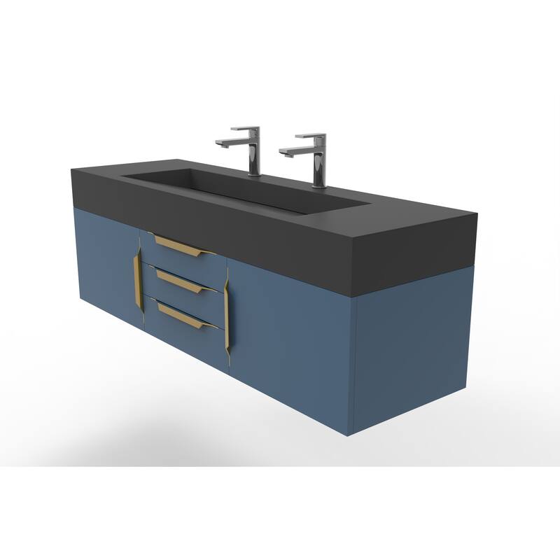 Nile 60" Wall Mounted Bathroom Vanity Set w/ Black Top