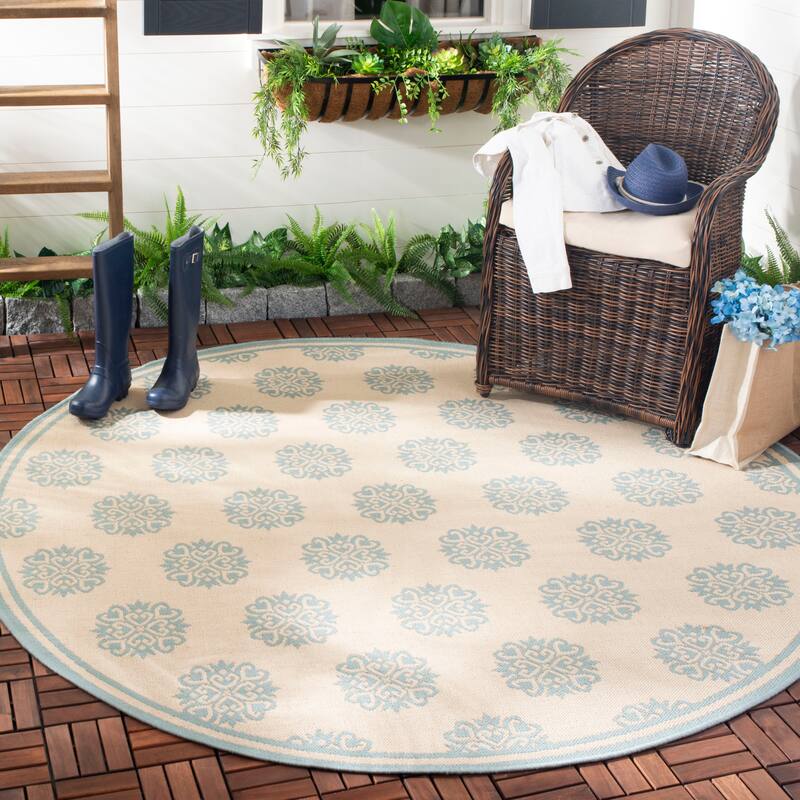 SAFAVIEH Beach House Indoor/ Outdoor Waterproof Patio Backyard Rug - 4' Round - Cream/Aqua