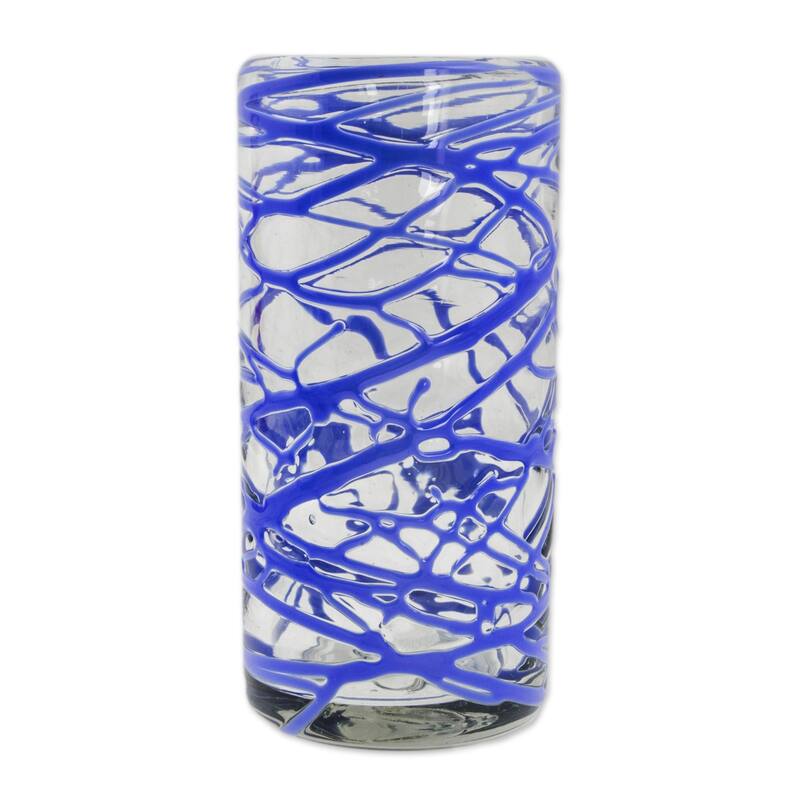 NOVICA Artisan Handblown High Ball Glasses Clear Mexican Drinkware Recycled Tumbler 'Sapphire Swirl'(Set of 6) - 6*2.8