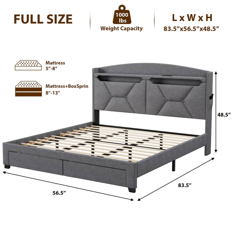 Modern Platform Bed with LED Lights and Storage Headboard